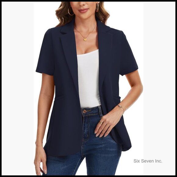 Short Sleeve Blazer Notched Lapel Button Front Jacket with Pockets